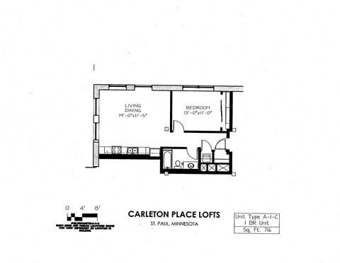 Floor plan for 1 bed, 1 bath, 716 sqft